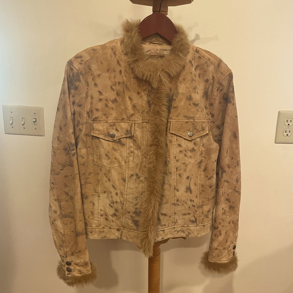 Leather Moto Jacket Animal Print Cheetah Furry Trim Zip Front Y2K